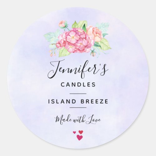Elegant Pink Watercolor Flowers Candle  Soap Classic Round Sticker