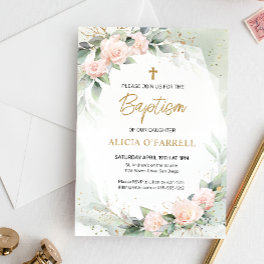 Elegant Pink Watercolor Flowers Greenery Baptism Invitation