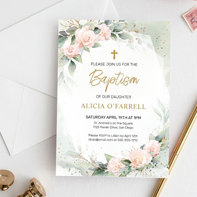 Elegant Pink Watercolor Flowers Greenery Baptism Invitation (Creator Uploaded)