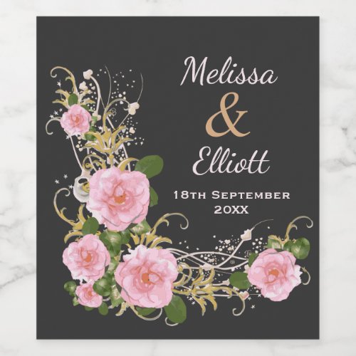 Elegant Pink Watercolor Flowers on Grey Wedding Wi Wine Label