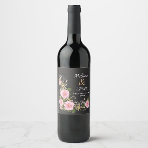 Elegant Pink Watercolor Flowers on Grey Wedding Wine Label