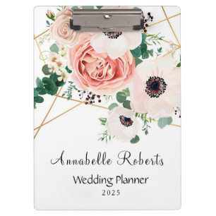 Elegant Pink Watercolor Flowers Personalize  Clipboard
