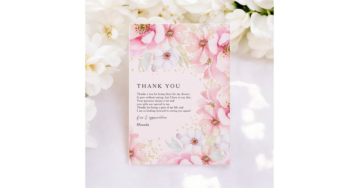 Elegant Pink Watercolor Gold Floral Bridal Shower Thank You Card | Zazzle