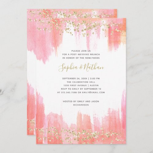 Elegant Pink Watercolor  Gold Post Wedding Brunch Invitation