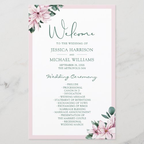 Elegant Pink Watercolor Magnolia Wedding Program