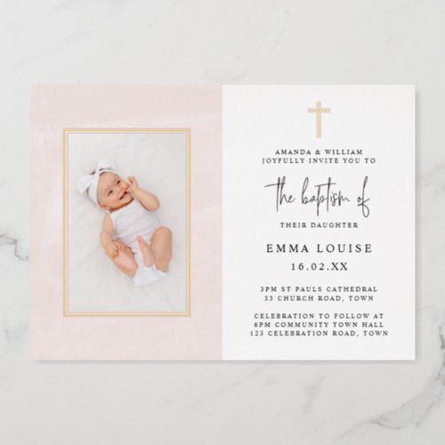 Elegant Pink Watercolor Minimalist Photo Baptism  Foil Invitation