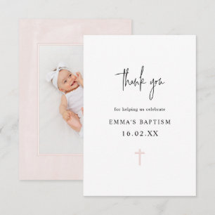 Elegant Pink Watercolor Minimalist Photo Baptism Thank You Card