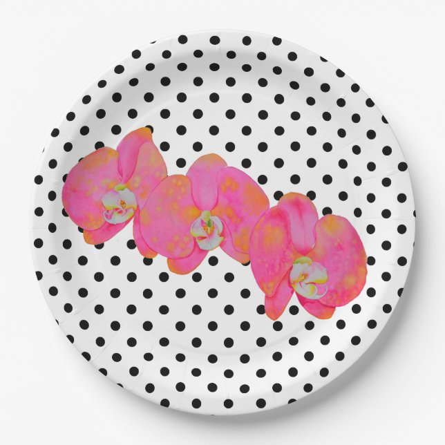 Elegant Pink watercolor Orchids | polka dots  Paper Plates (Front)