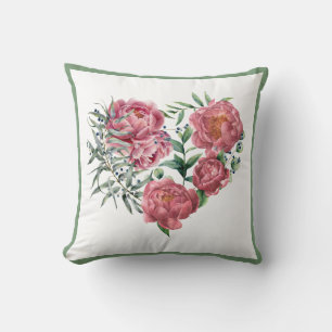 Elegant Pink Watercolor Peonies Greenery Wreath Throw Pillow