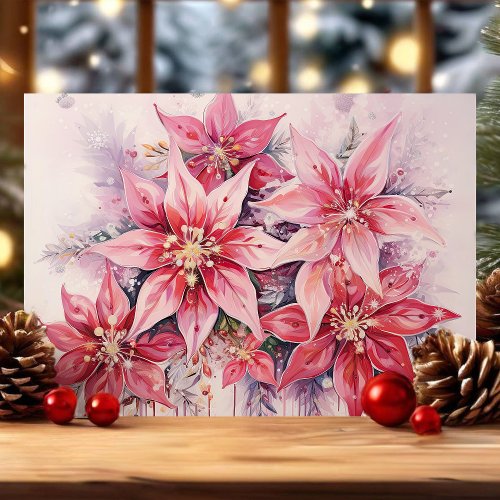 Elegant Pink Watercolor Poinsettia Christmas Holiday Card