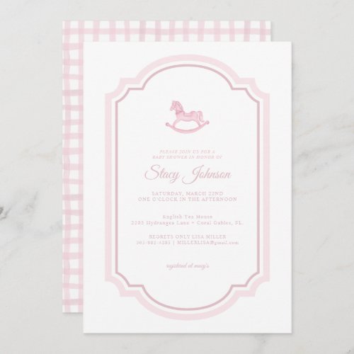 Elegant Pink Watercolor Rocking Horse Baby Shower  Invitation