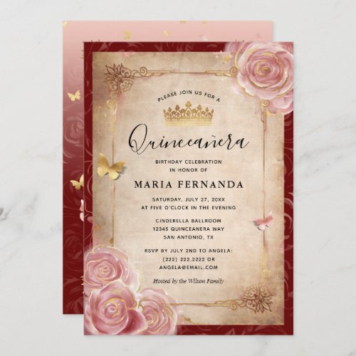Elegant Pink Watercolor Rose Gold Quinceanera Invitation