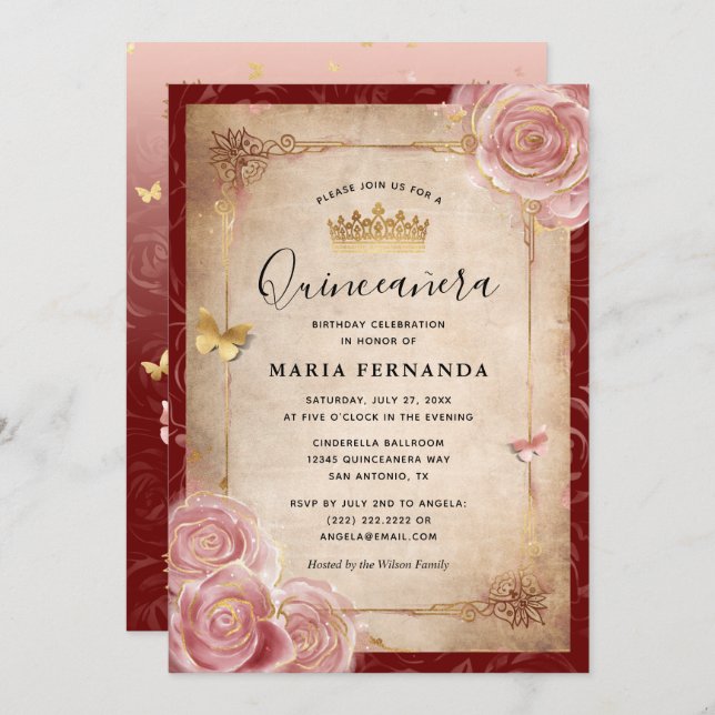 Elegant Pink Watercolor Rose Gold Quinceanera Invitation (Front/Back)