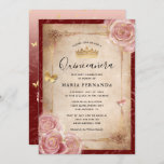 Elegant Pink Watercolor Rose Gold Quinceanera Invitation<br><div class="desc">Elegant rose gold quinceanera invitations that can be easily personalized for your sweet 16/15 birthday party! The luxurious design depicts gold butterfly confetti and blush pink watercolor roses hand illustrated by Raphaela Wilson. The ornate scrolled gown dresses border accents the vintage parchment paper on the front, as well as the...</div>