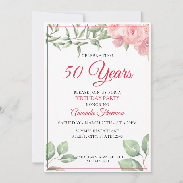 Elegant Pink Watercolor Rose Mother Birthday Invitation (Front)