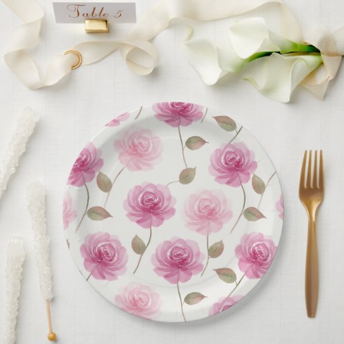 Elegant Pink Watercolor Rose Pattern Paper Plate