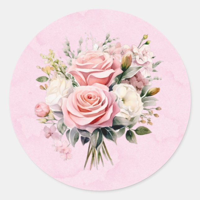 Elegant Pink Watercolor Roses Bouquet Wedding Classic Round Sticker (Front)