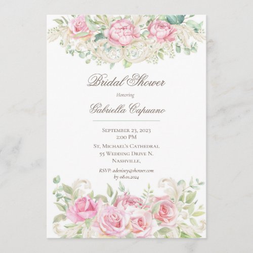 Elegant Pink Watercolor Roses Bridal Shower Invitation