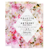 Elegant pink watercolor roses floral wedding card
