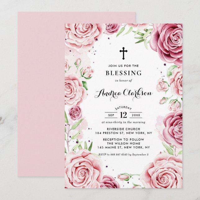 Elegant Pink Watercolor Roses Frame Baby Blessing Invitation (Front/Back)