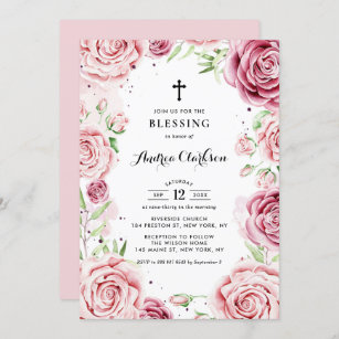 Elegant Pink Watercolor Roses Frame Baby Blessing Invitation