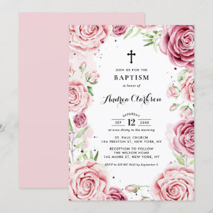 Elegant Pink Watercolor Roses Frame Baptism Invitation