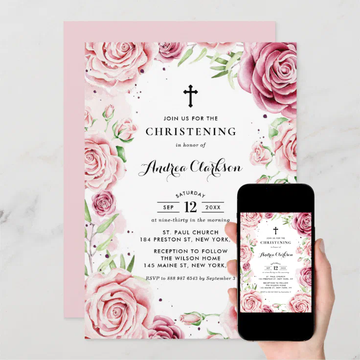 Elegant Pink Watercolor Roses Frame Christening Invitation Zazzle