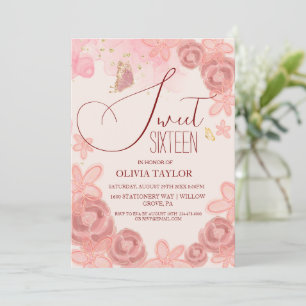 Elegant pink watercolor roses modern Sweet 16 Invitation