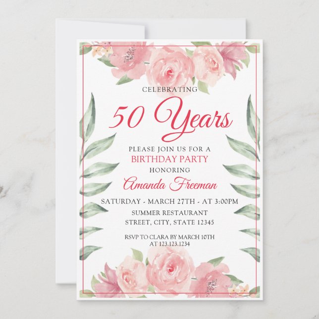 Elegant Pink Watercolor Roses Mother Birthday Invitation (Front)