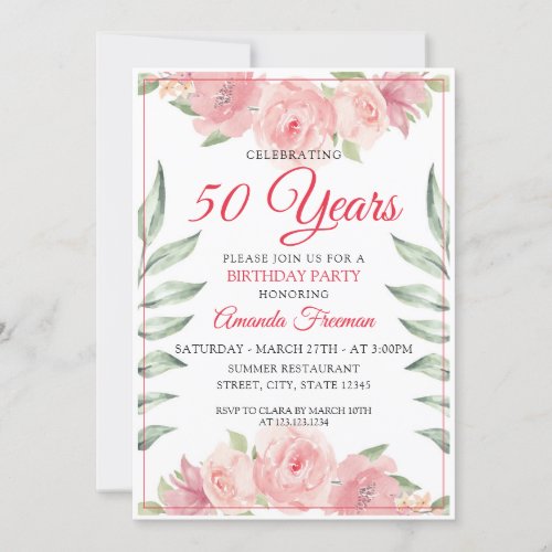 Elegant Pink Watercolor Roses Mother Birthday Invitation