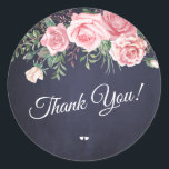 Elegant pink watercolor roses thank you navy classic round sticker<br><div class="desc">Classic chic simple calligraphy elegant wedding thank you favor label or envelope seal round sticker featuring a blush pink watercolor roses bouquet against a dark navy blue chalkboard background.</div>