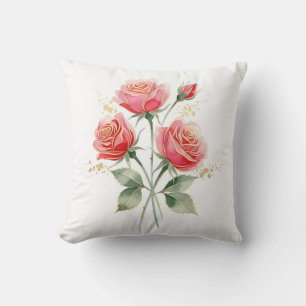 Elegant Pink Watercolor Roses with Gold Foil Trim Throw Pillow