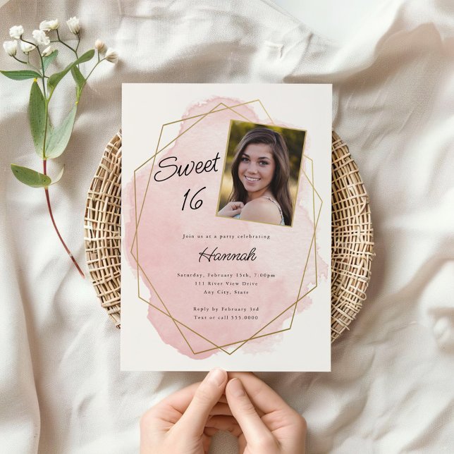 Elegant Pink Watercolor Sweet 16 Photo Birthday Invitation (Creator Uploaded)