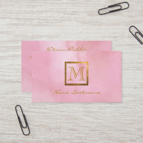 Elegant Pink Watercolor Wash Gold Monogram Notary Business Card