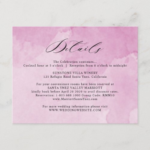 Elegant Pink Watercolor Wedding Details Enclosure Card