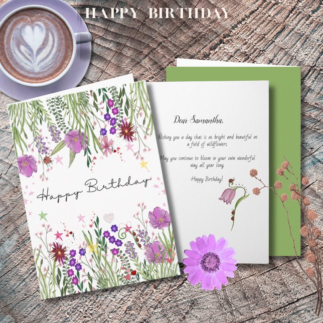 Elegant Pink Watercolor Wildflowers Birthday Card  (Elegant Pink Watercolor Wildflowers Birthday Card )