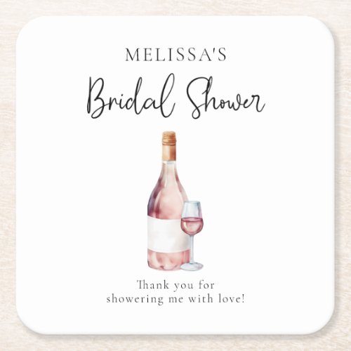 Elegant Pink Watercolor Wine Bridal Shower Square Paper Coaster
