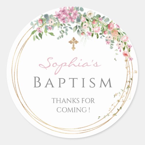 Elegant Pink Watercolour Floral Girl Baptism Favou Classic Round Sticker