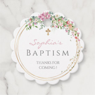 Elegant Pink Watercolour Floral Girl Baptism Favou Favor Tags