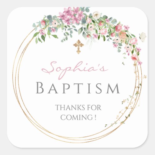 Elegant Pink Watercolour Floral Girl Baptism  Square Sticker