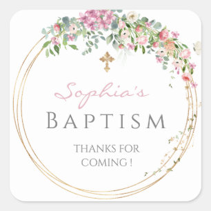 Elegant Pink Watercolour Floral Girl Baptism Square Sticker