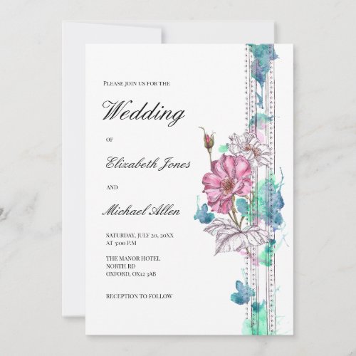 Elegant Pink Watercolour Rose  Script Wedding Invitation