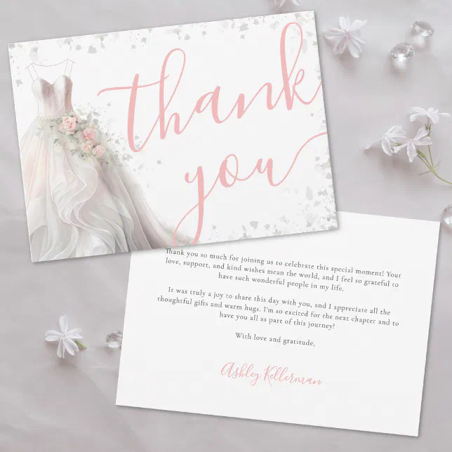 Elegant Pink Wedding Dress Bridal Shower Thank You Card | Zazzle