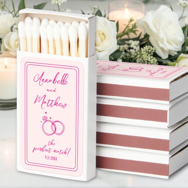 Elegant Pink Wedding Matchboxes (Whimsical Pink Hand Drawn Wedding Matchboxes)