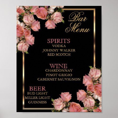 Elegant Pink Wedding Roses  _ Bar Menu Poster