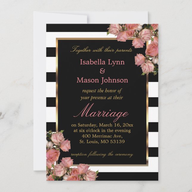Elegant Pink Wedding Roses Black & White Stripes Invitation (Front)