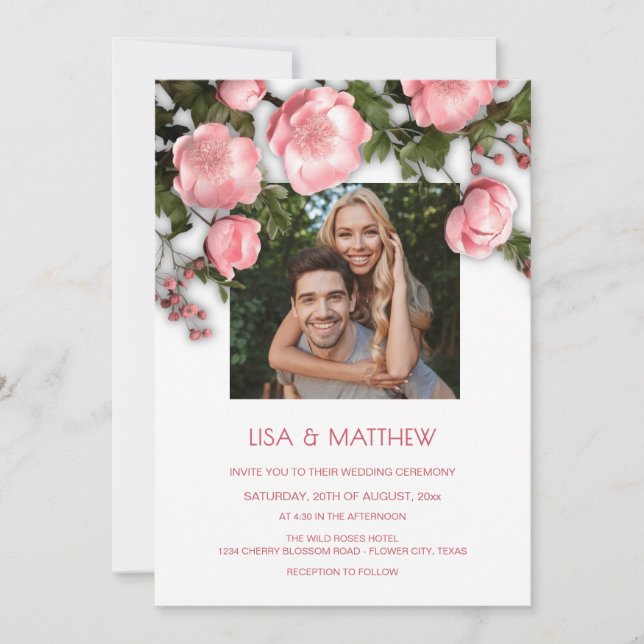 Elegant Pink White 3D Roses Wedding Invitation (Front)