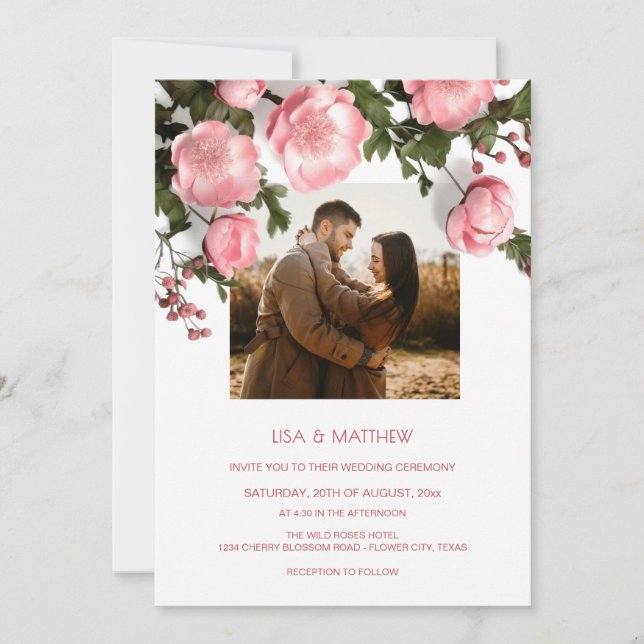 Elegant Pink White 3D Roses Wedding Invitation (Front)