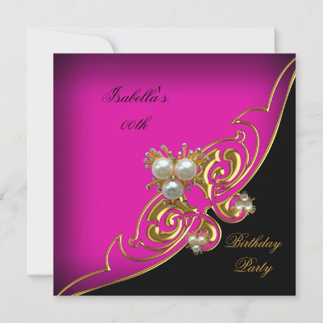 Elegant Pink White Black Gold Pearl Birthday Invitation (Front)