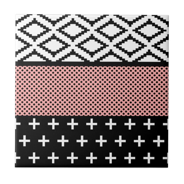Elegant Pink, White, & Black Modern Geometric Ceramic Tile (Front)